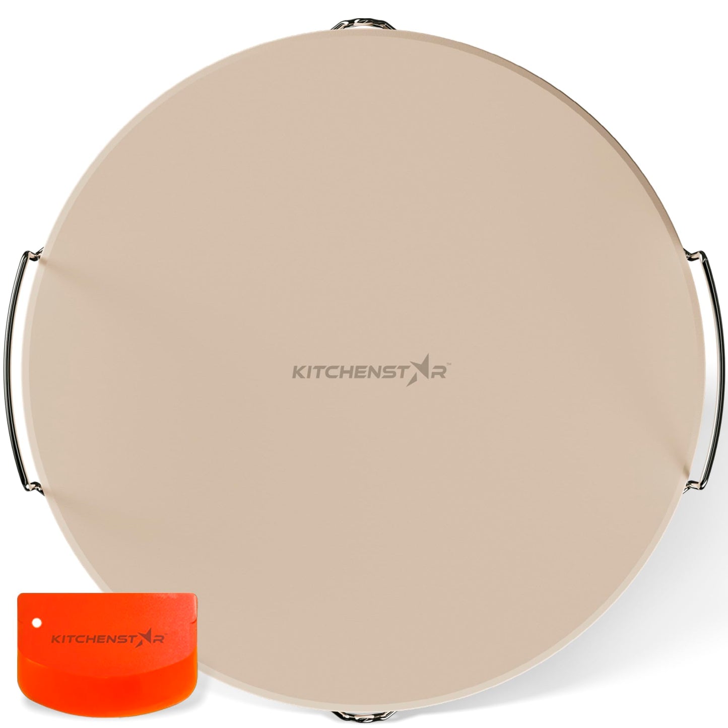 KitchenStar 16-inch Pizza Stone for Oven and BBQ Grill with Handles, Round, 5/8" Thick - Natural Cordierite, 1800 °F Resistant, Baking Stone Set with Stainless Steel Rack & Plastic Scraper Tool