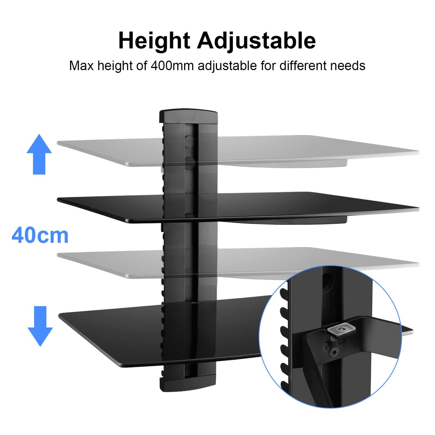 Suptek Glass Floating Shelves, TV Wall Mount with Shelf for DVD Player / PS4 / Cable Boxes/Game Consoles/Sky Box/TV Accessories, Flat Black 2-Tier Wall Mount Bracket