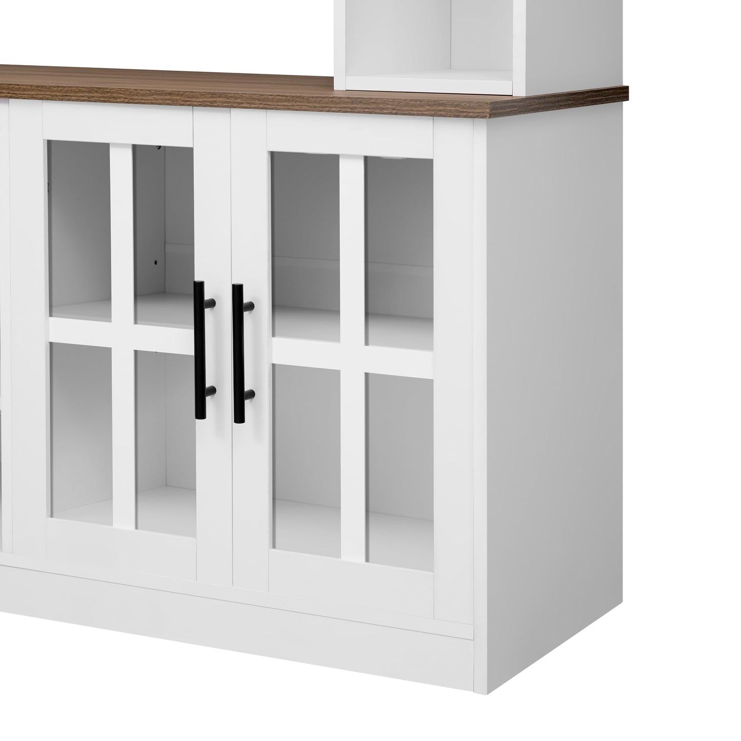 TUNGTAR Entertainment Center with Electric Fireplace, Solid Wood, Modern Farmhouse, for TVs up to 80", Glass Cabinet Doors, Adjustable Shelves, 95.5" W (White + Walnut)