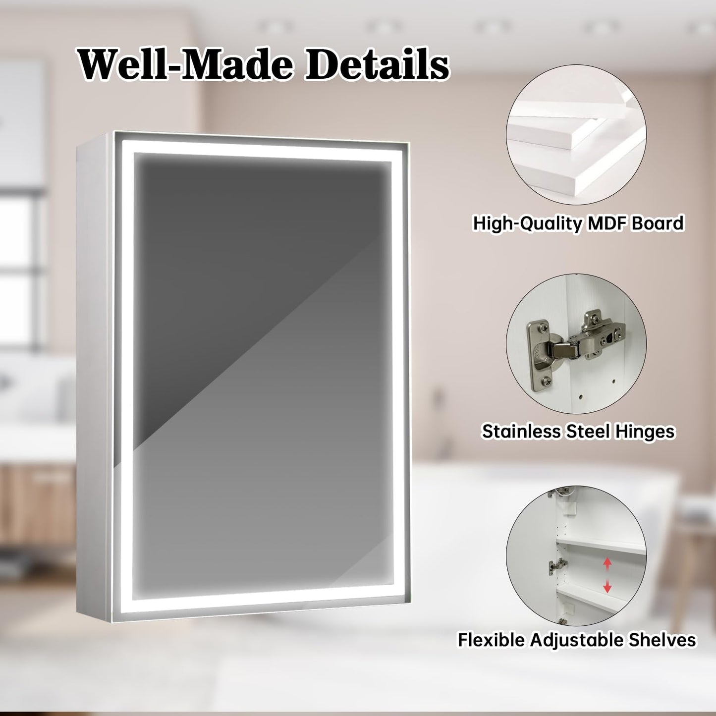 HAUSCHEN HOME 28 x20Inch LED Medicine Cabinet Mirror with Lights for Bathroom,Defogger,Stepless Dimmable, 3000K/5500K Color Temperature Wall Mounted Makeup Mirror,Adjustable Shelf (Assembly Required)
