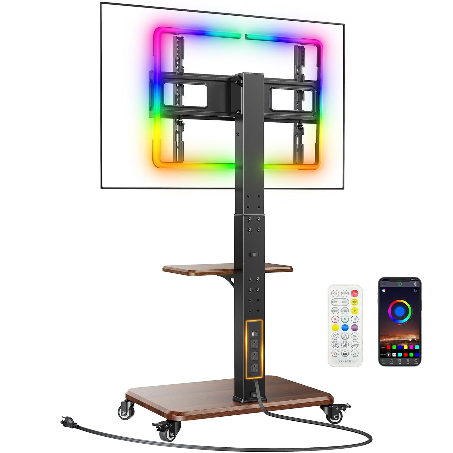 Perlegear Rolling TV Stand with LED Lights for 32”-77” TVs up to 110 lbs, Mobile TV Stand with Swivel, Tilt, and 18 Height Levels, TV Cart with Wheels and Solid Wood Base, Max VESA 600x400mm, PGTVC32B