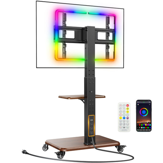 Perlegear Rolling TV Stand with LED Lights for 32”-77” TVs up to 110 lbs, Mobile TV Stand with Swivel, Tilt, and 18 Height Levels, TV Cart with Wheels and Solid Wood Base, Max VESA 600x400mm, PGTVC32B