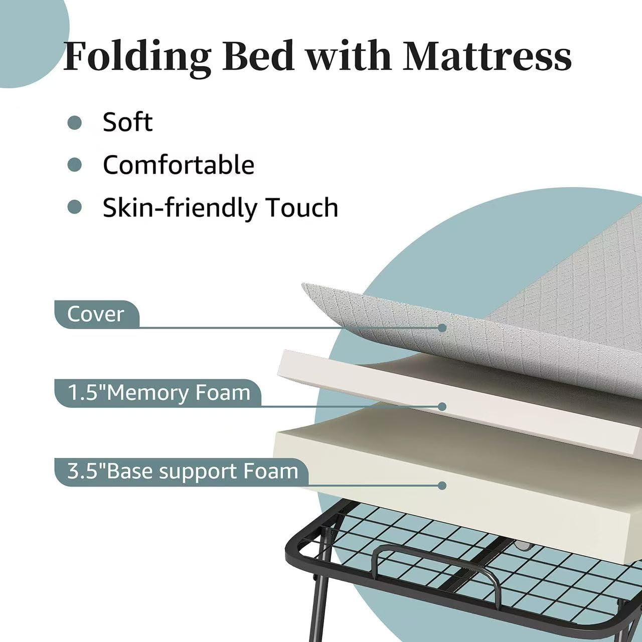 Fenghuolun Rollaway Bed - Single - Luxury Memory Foam Mattress and Extra Strong Frame - 75" x 31 (Small Single)