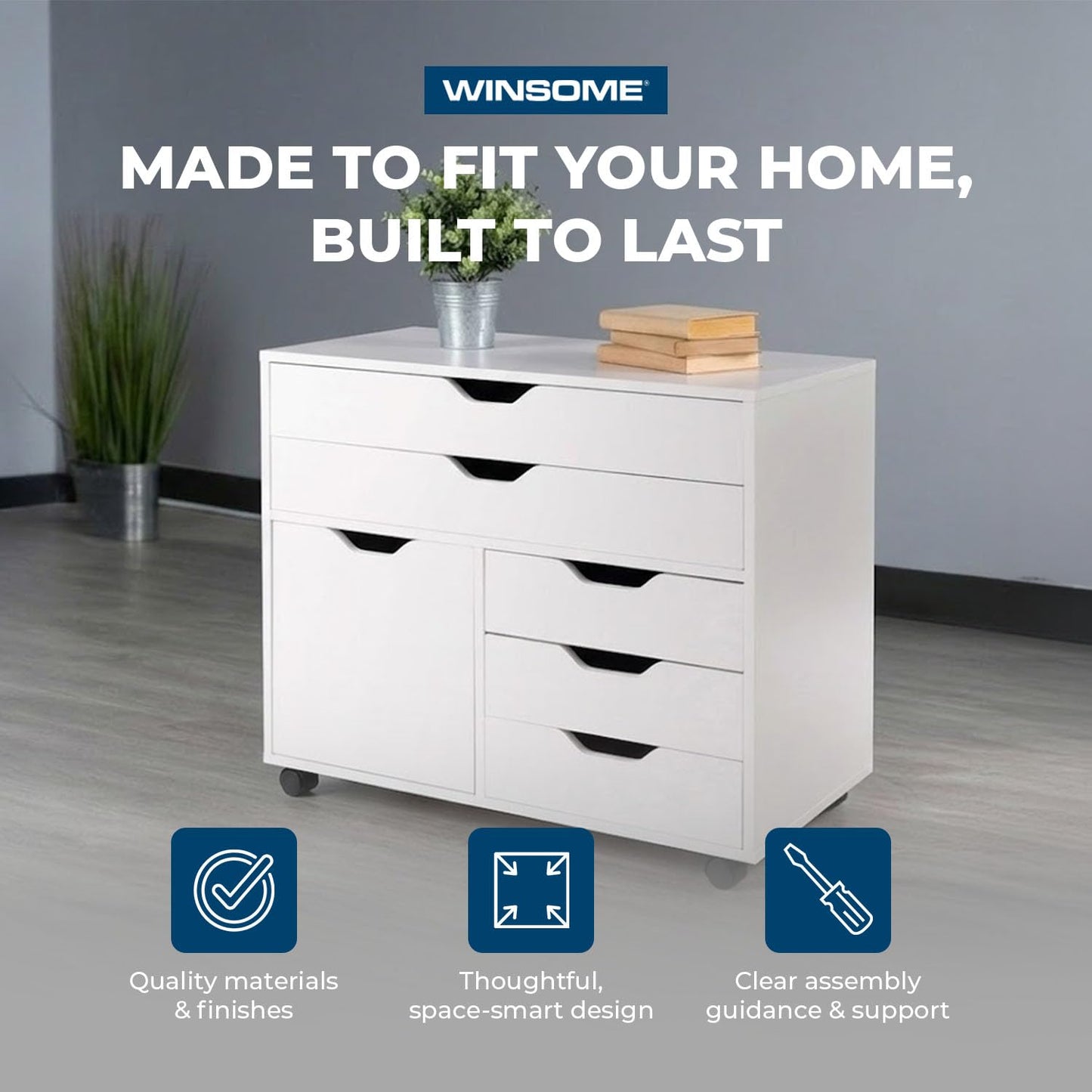 Winsome Halifax Mobile Storage Cabinet with 1 Door & 5 Drawers, White