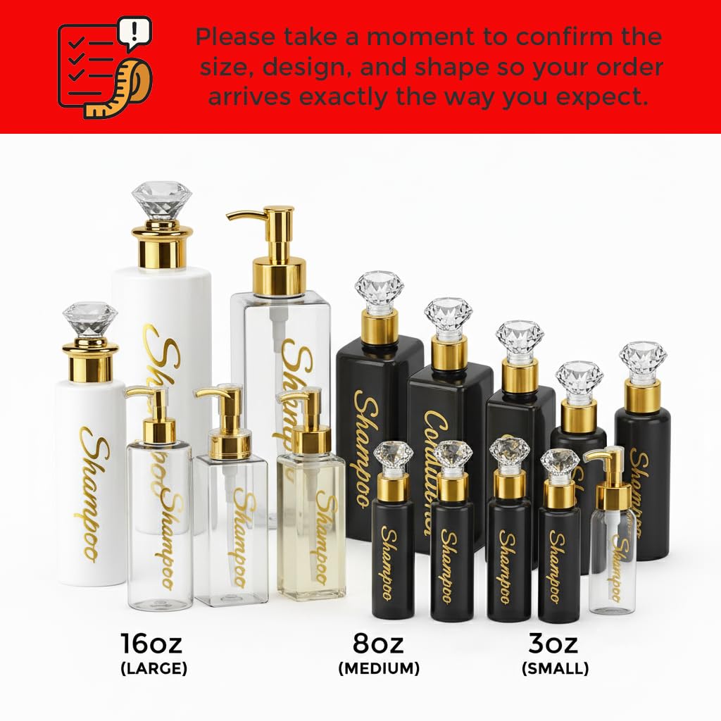 uMadeUs Shampoo and Conditioner Dispenser - Essentials Toiletry Bottles - Shower Refillable Shampoo and Body Wash Soap Pump Bottle – 3X 16oz Family Size Containers - White Round All Gold Pump