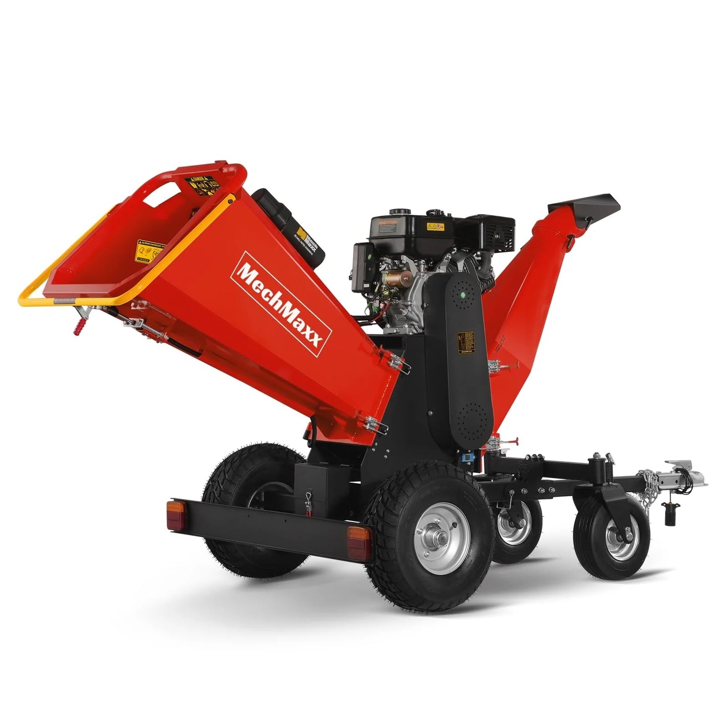 MechMaxx 6 inch ZONSEN 459cc 15hp E-Start Gas Powered 4-Wheels Wood Chipper Shredder Mulcher with Towbar/Tail Light/Emergency Stop Button/Stop Bar, Model B150 Red