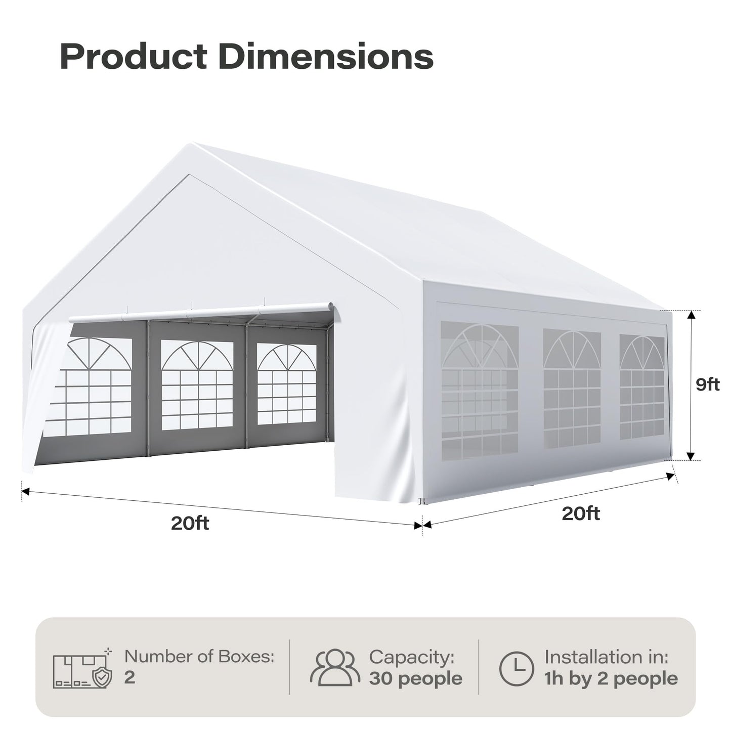 LAUSAINT HOME 20x20 Party Tent, Heavy Duty Waterproof Canopy Tent with Removable Sidewalls & Roll-Up Zipper Door, Large Outdoor Event Shelter with Steel Frame for Wedding, Party, BBQ, 30-50 People