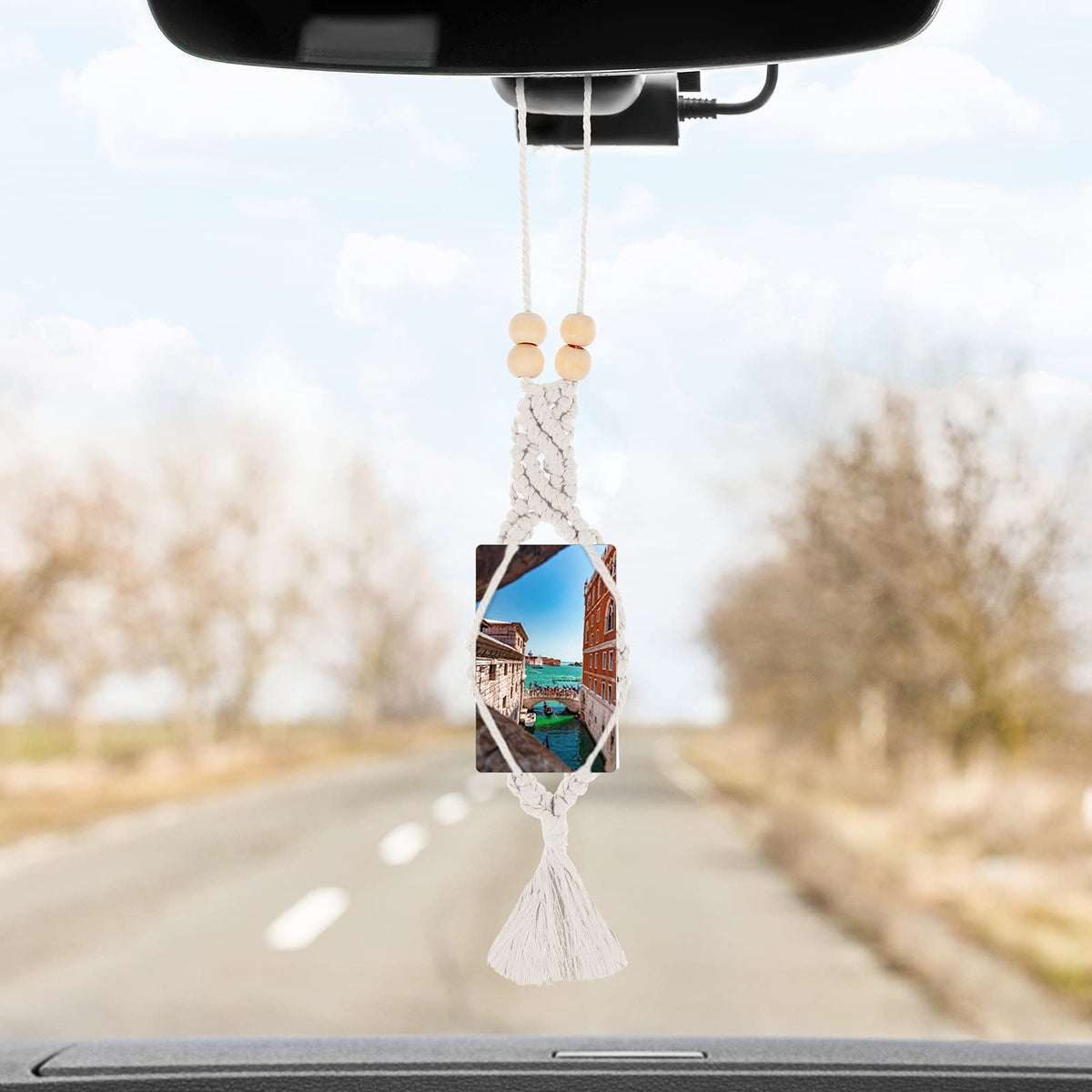 JenPen 4 Pcs Car Picture Hanger Frames Macrame Holder for Car Photo Display Bohemian Hanging Accessories Rearview Mirror Pendant Ornaments Boho Wall Decor