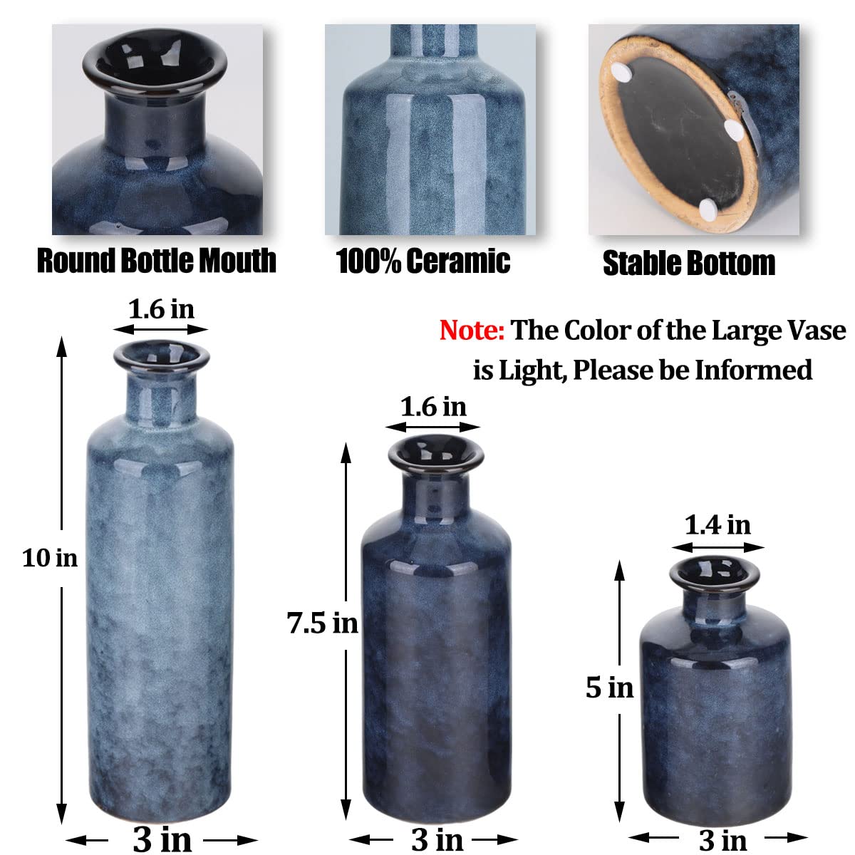 Blue Ceramic Vase Set - 3 Blue Small Vases