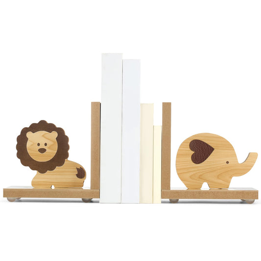 Harloon 2 Pcs Animal Bookends Wooden Cute Safari Decor, Lion Elephant