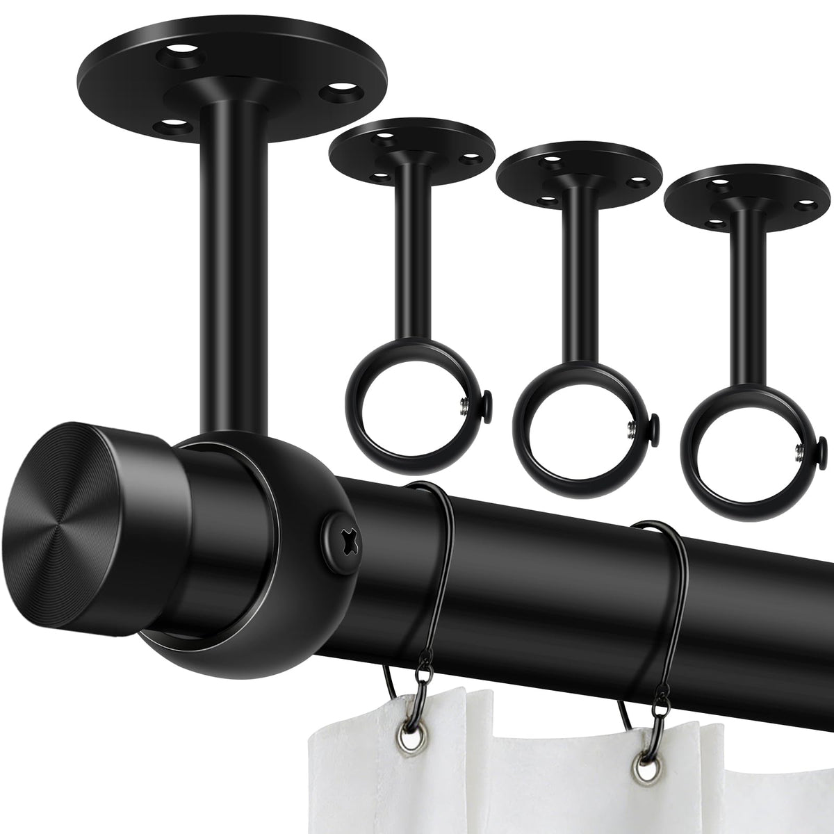 TOKPLNU Curtain Rod Brackets, Ceiling Heavy Duty Holders, Black 4 Pack Hooks Hangers for 1 1/4-Inch Drape Poles