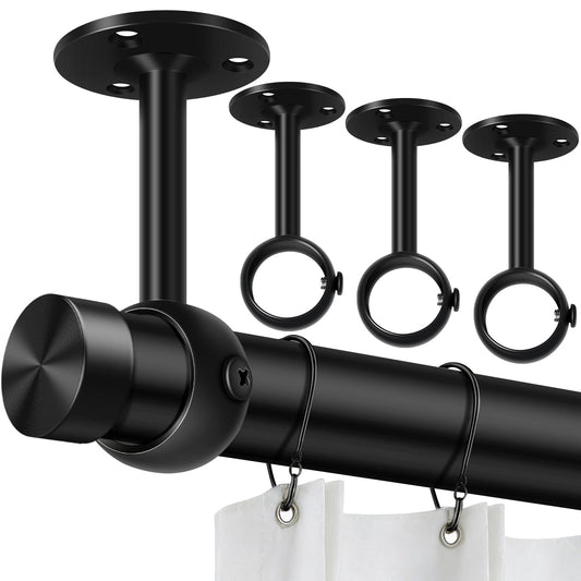 TOKPLNU Curtain Rod Brackets, Ceiling Heavy Duty Holders, Black 4 Pack Hooks Hangers for 1 1/4-Inch Drape Poles