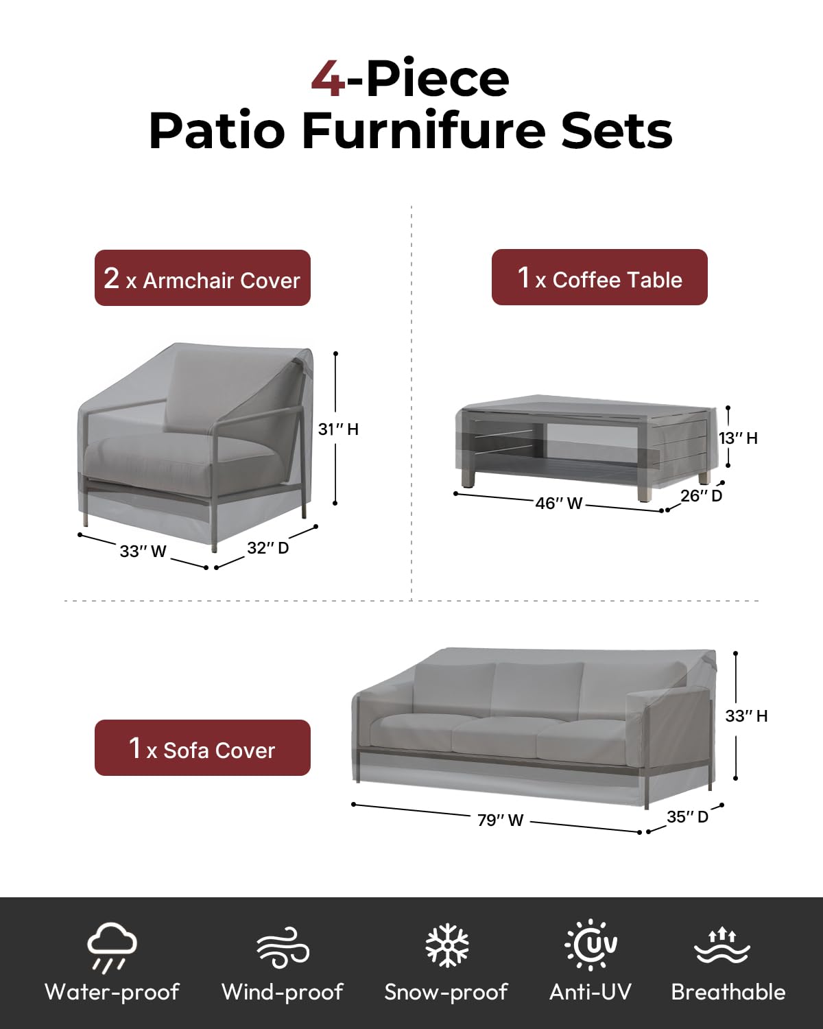 loriano Patio Furniture Cover Set, 4 Piece Outdoor Furniture Cover Waterproof, 600D Heavy Duty Lawn Patio Set Covers (Large, Grey)