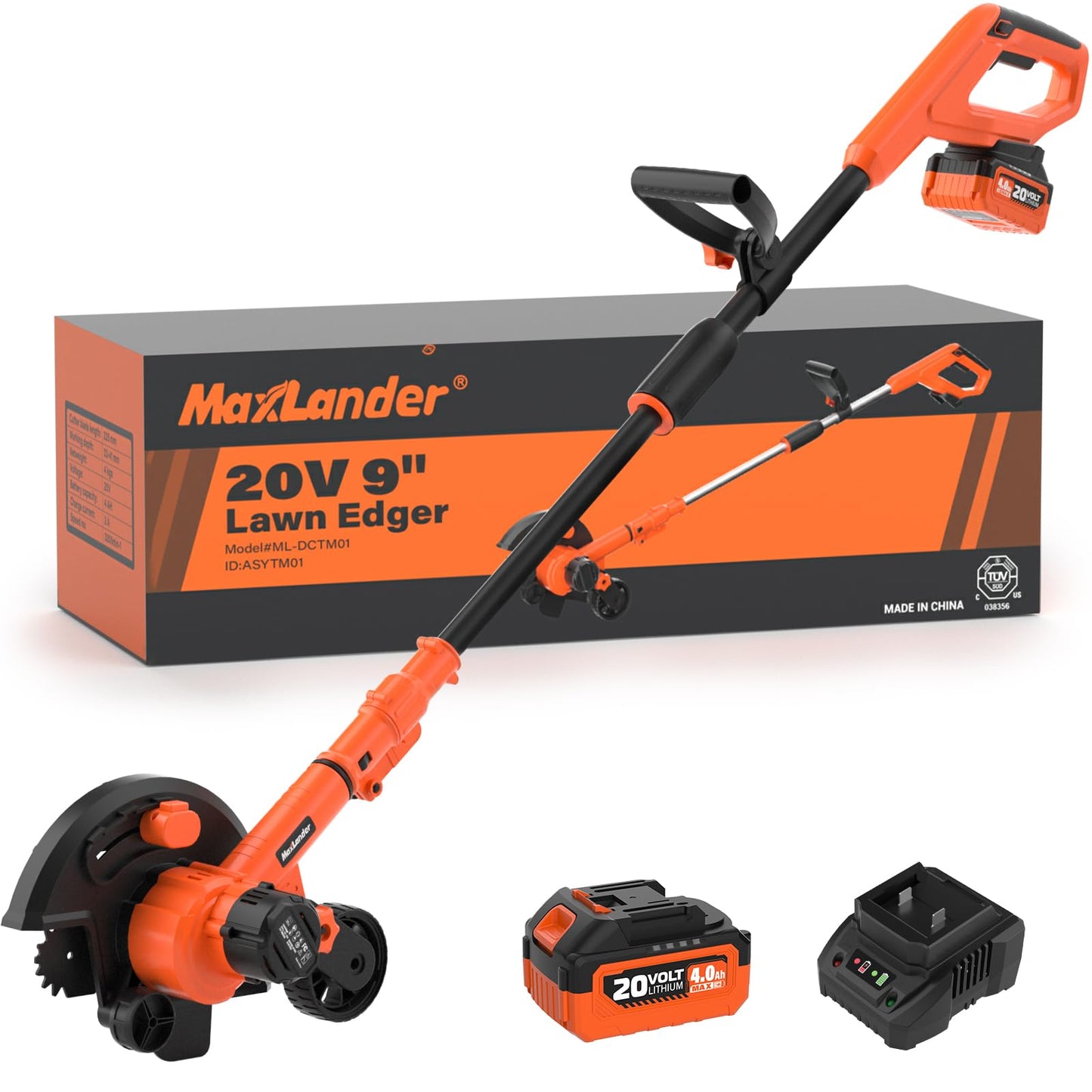 Maxlander Lawn Edger, 9'' Edger Cordless Lawn Tool with 3-Position Blade Depth for Landscaping, Electric Battery-Powered Edger for Driveways, Sidewalk (4.0Ah Battery, Quick Charger & Cover Included)