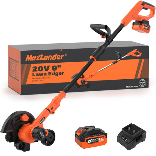 Maxlander Lawn Edger, 9'' Edger Cordless Lawn Tool with 3-Position Blade Depth for Landscaping, Electric Battery-Powered Edger for Driveways, Sidewalk (4.0Ah Battery, Quick Charger & Cover Included)