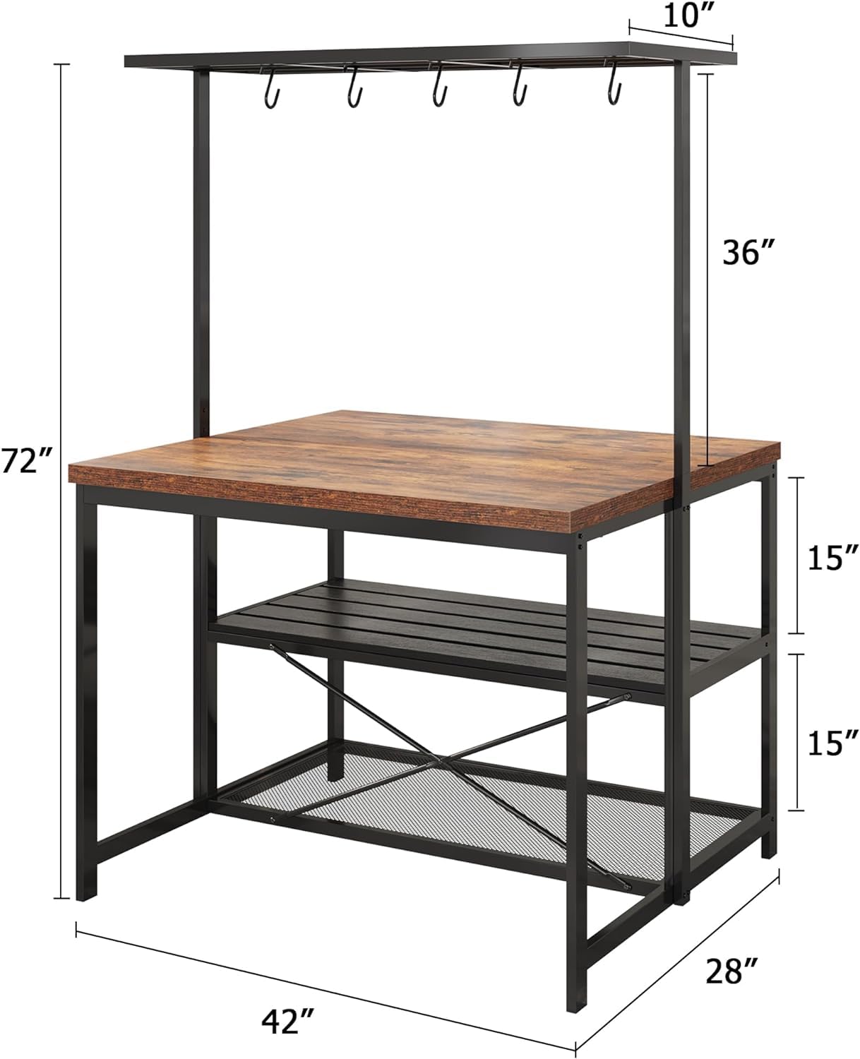 GarveeHome Kitchen Island with Storage, 42''Island Table for Kitchen with Seating Bakers Rack Microwave Oven Stand Shelf with 3 Tier Storage Shelf for Dining Room Living Room, 5 Hooks 42"*28"*72"