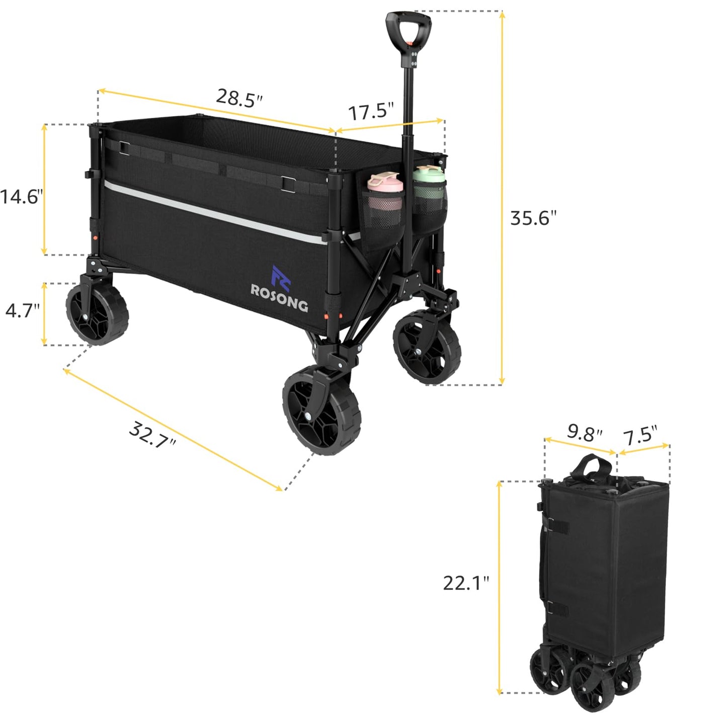 ROSONG Collapsible Wagon Cart with Wheels Foldable - Folding Utility Heavy Duty Wagons Carts for Grocery Sports Garden Shopping Camping Wheelbarrows (Black, 120L)