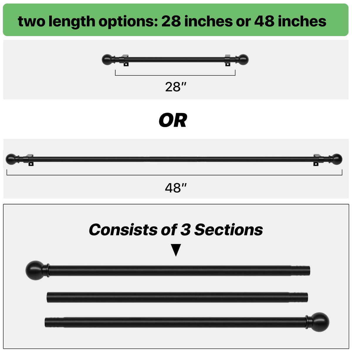 Curtain Rods for Windows 28 to 48 inch, 5/8 inch Black Curtain Rod Set with Brackets, Splicing Adjustable Metal Drapery Rod for Bedroom, Kitchen, Living Room, Matte Black