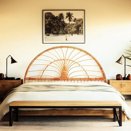 Boho Rattan Headboard - Handwoven Wicker & Solid Wood Frame - Queen/King/Full/Double Size Bed Headboard