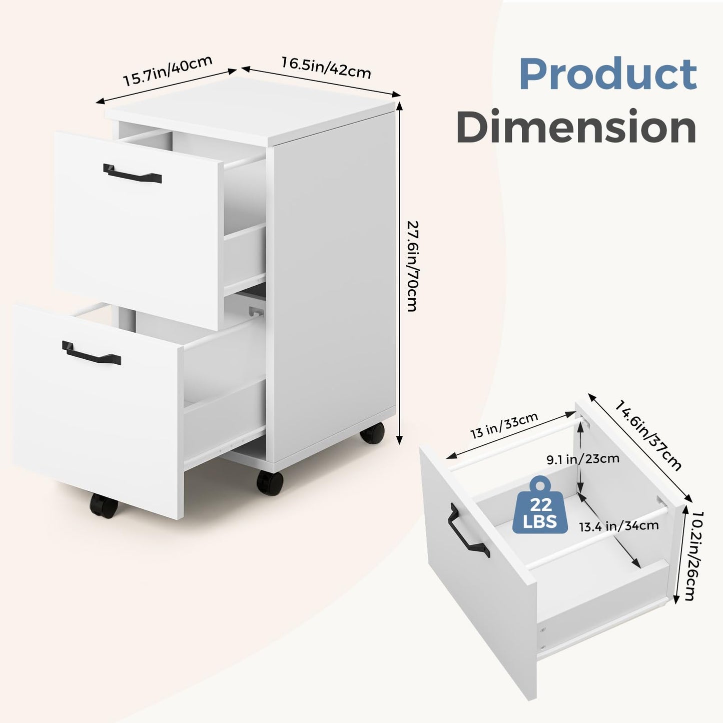 DUMOS 2 Drawer Storage Cabinet, Rolling Under Desk Storage, White