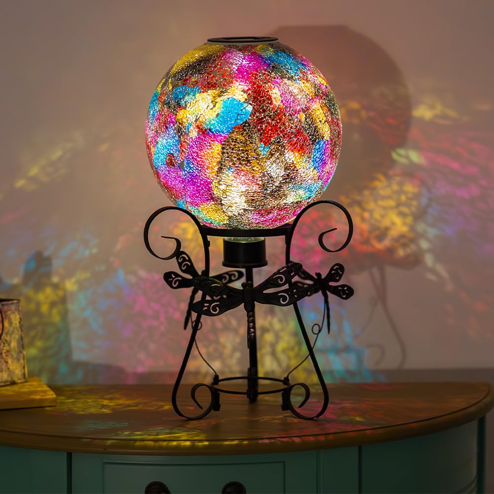Stargarden Solar Gazing Ball, 10" Mosaic Gazing Ball,Glass Gazing Globe with Metal Stand, Decorative Solar Globes for Patio, Lawn, Garden Decor(Red)