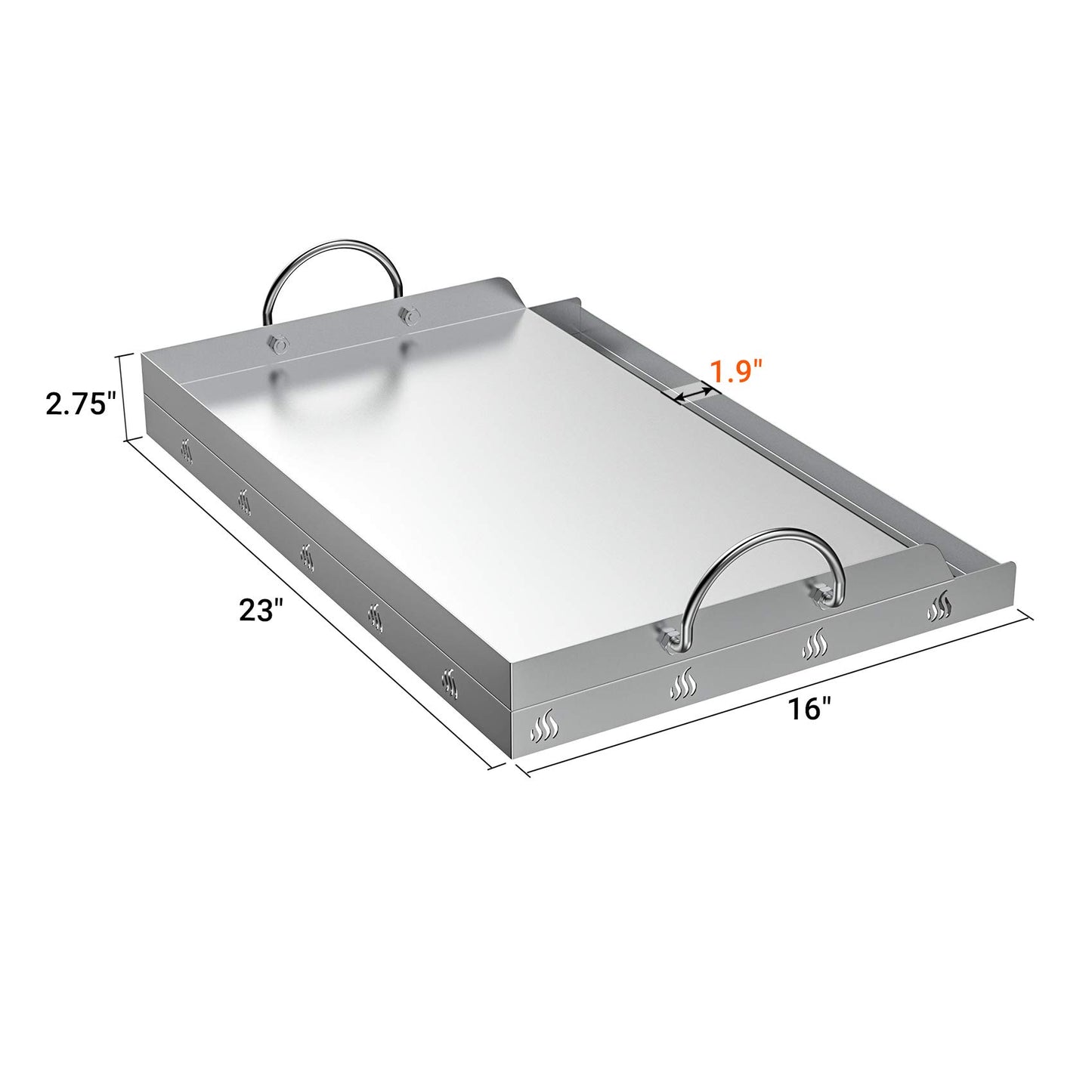 only fire Universal Stainless Steel Cooking Griddle, Flat Top Plate Insert with Grease Groove and Handles for Gas and Charcoal Grills, Tailgating, Camping and Parties, 23" x 16"