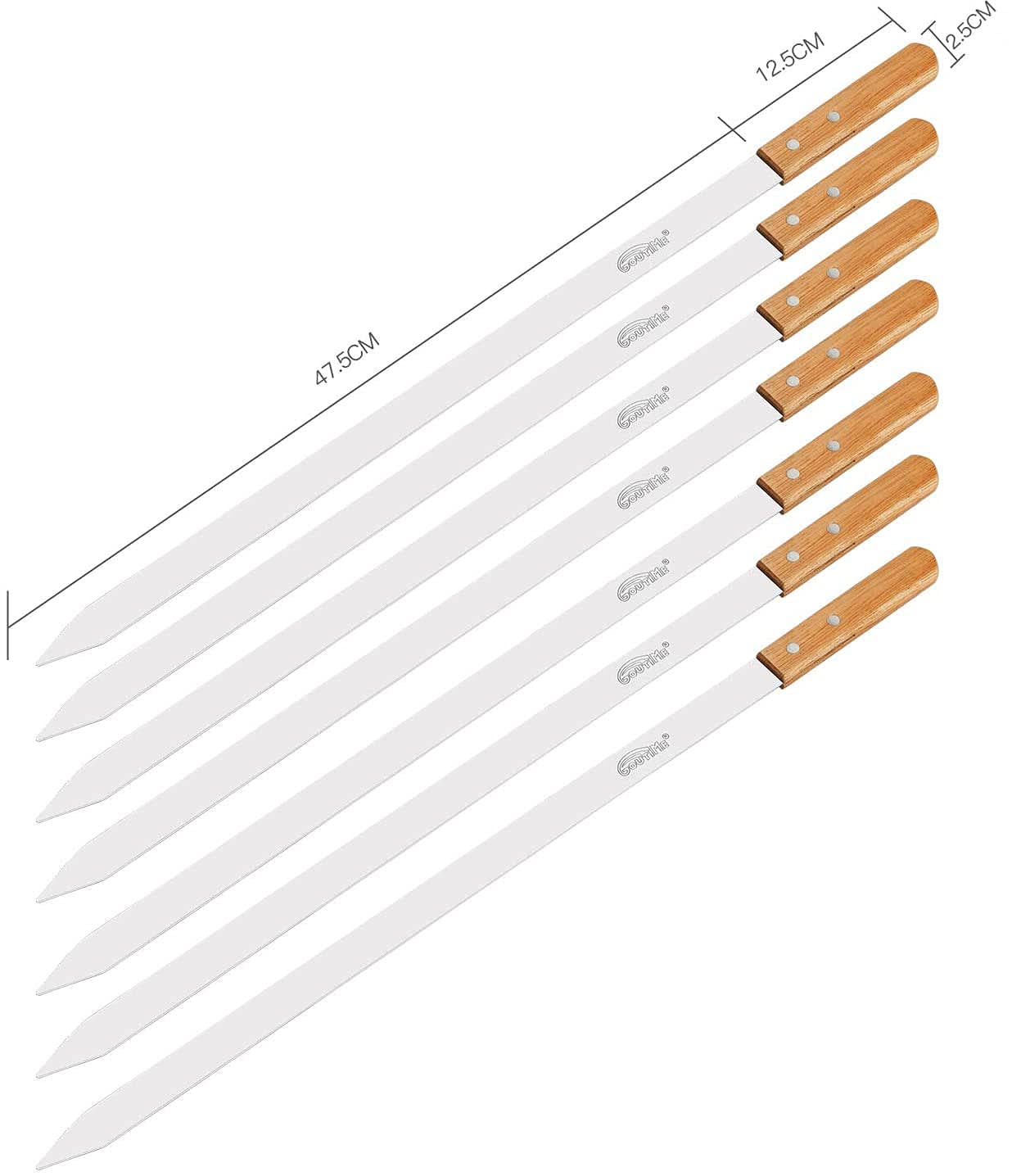 Goutime Kabob Skewers 23 Inch Long,1 Inch Wide Stainless Steel Grilling BBQ Skewer with Wood Handle for Making Koubideh Persian Brazilian Chicken Shrimp Kebab,Set of 7 with Bag
