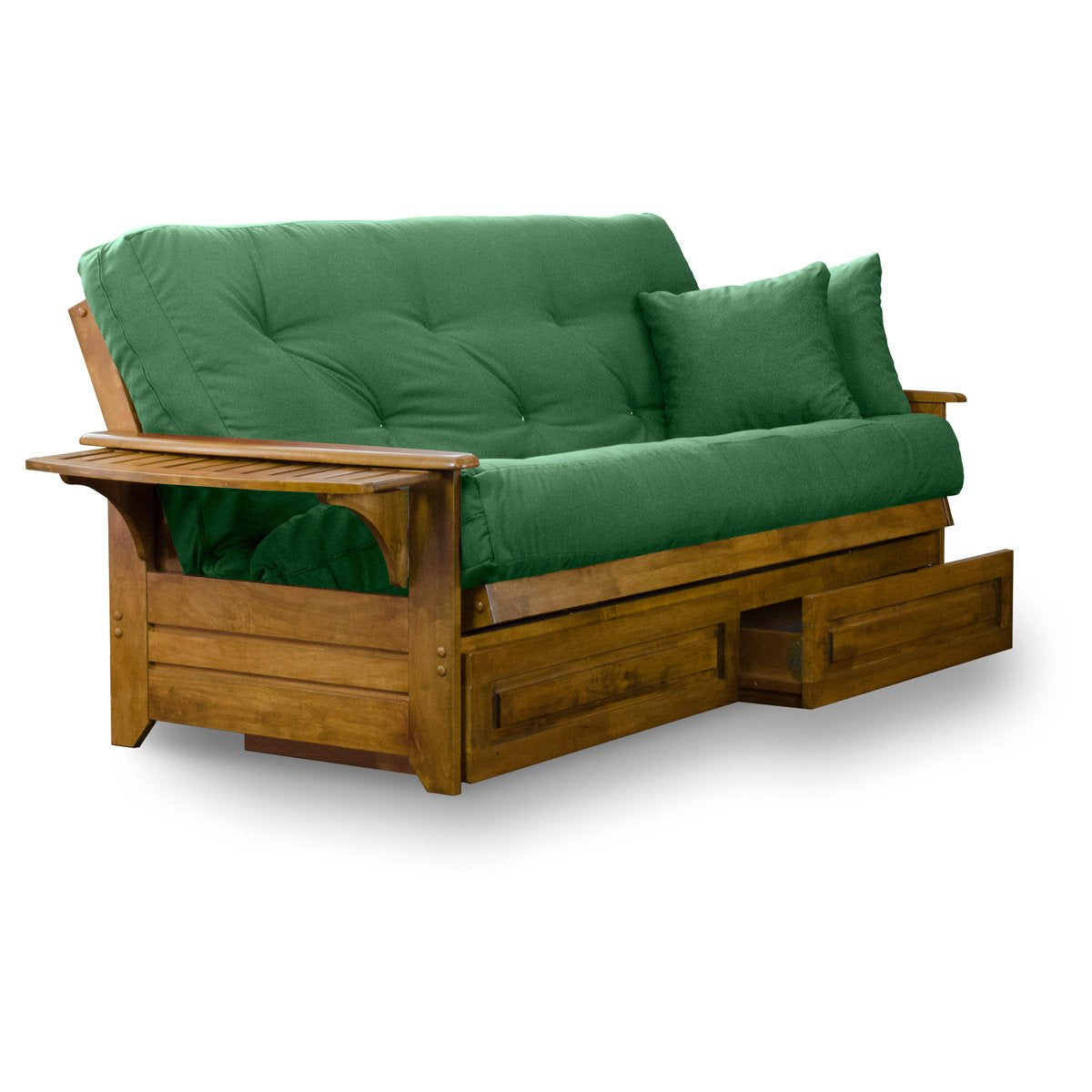 Nirvana Futons Brentwood Tray Arm Futon Frame, Drawers, and Hunter Green Mattress Set - Full, Rich Heritage Finish