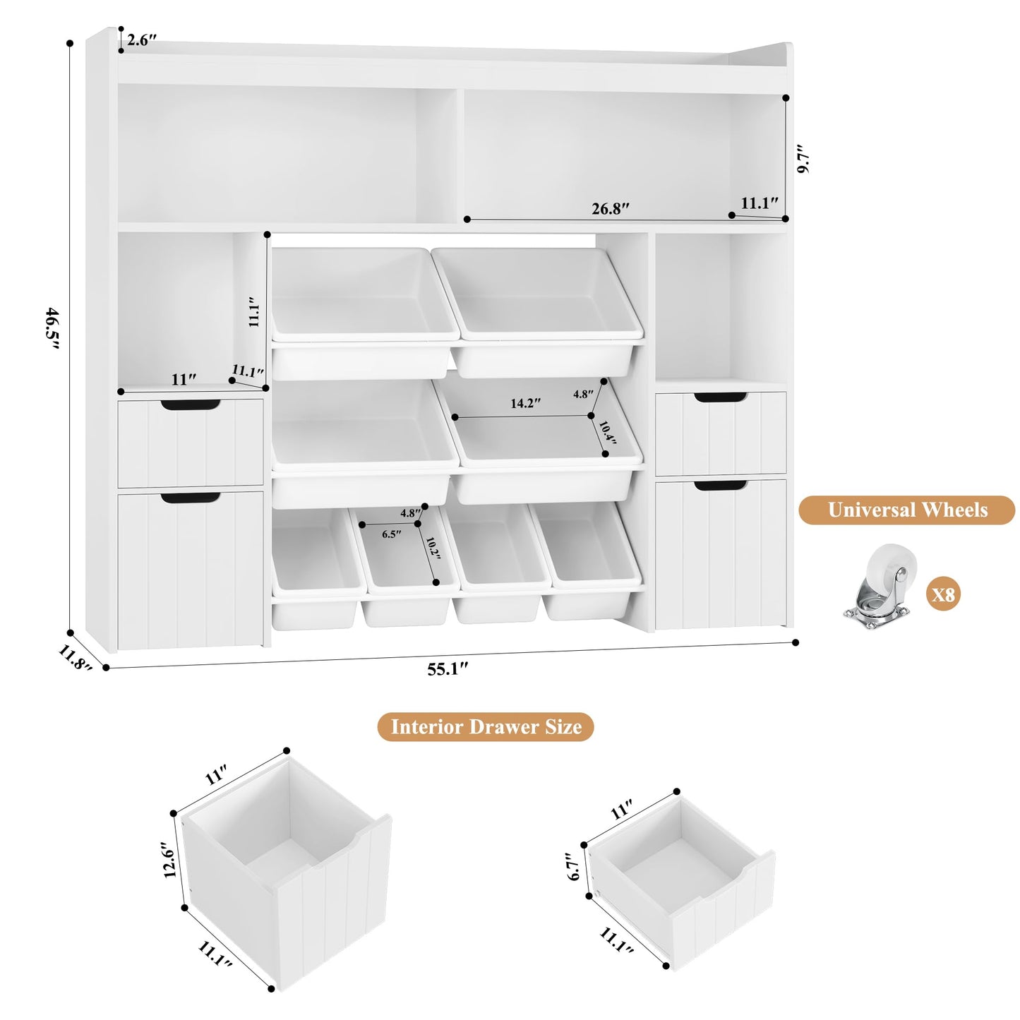 HORSTORS 55" W Toy Storage Organizer with Drawers, Large Kids Toy Storage Box with Removable Bins, Tall Kids Bookshelf and Bookcase for Boys and Girls, Modern Toy Chest for Playroom, Classroom, White