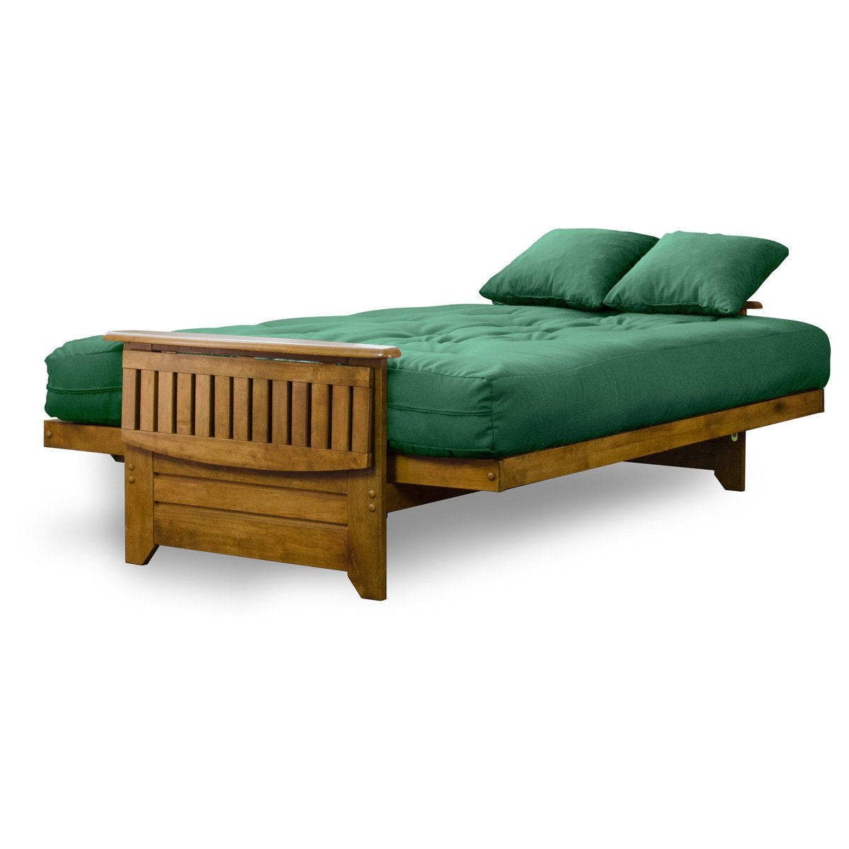 Nirvana Futons Brentwood Tray Arm Futon Frame, Drawers, and Hunter Green Mattress Set - Full, Rich Heritage Finish