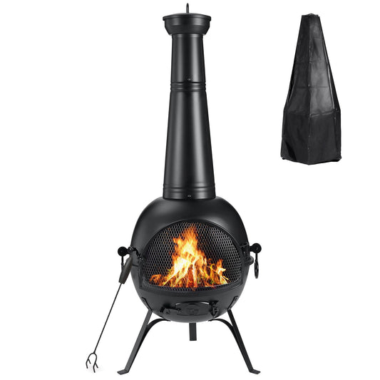 SINGLYFIRE Prairie Fire Outdoor Chiminea Fireplace Deck or Patio Backyard Wooden Fire Pit with Chiminea Cover Rust-Free Iron Black