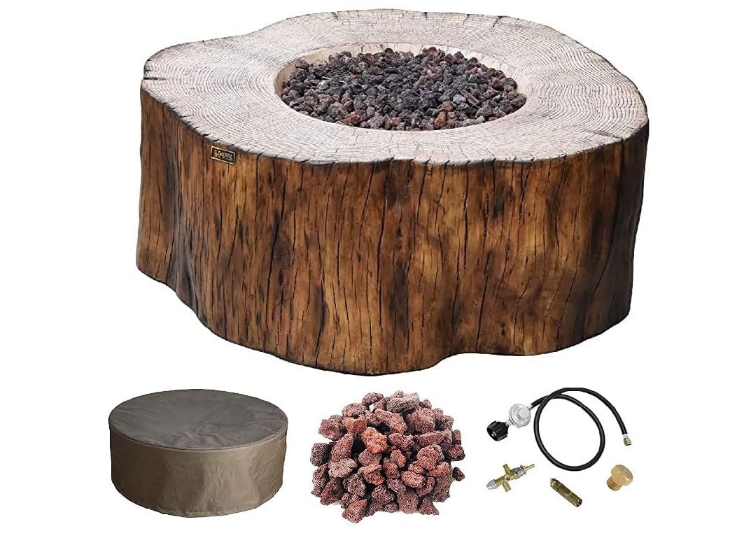 Elementi | Manchester Gas Fire Pit Cast Concrete Semi-Round Fire Table, Outdoor Fire Pit Electronic Ignition | Canvas Cover, Lava Rock Included | Red Wood (Propane Gas)