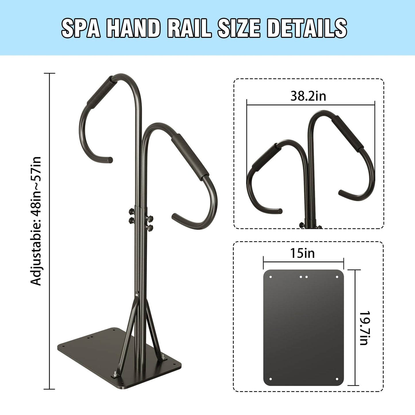 blissbuys Hot Tub Handrails 48-57 Inch Adjustable Two Way Hot Tub Handrail, 700LB Capacity 360° Swivel Assist Rail for Indoor Outdoor Spa Bathtub Entry and Exit, Black