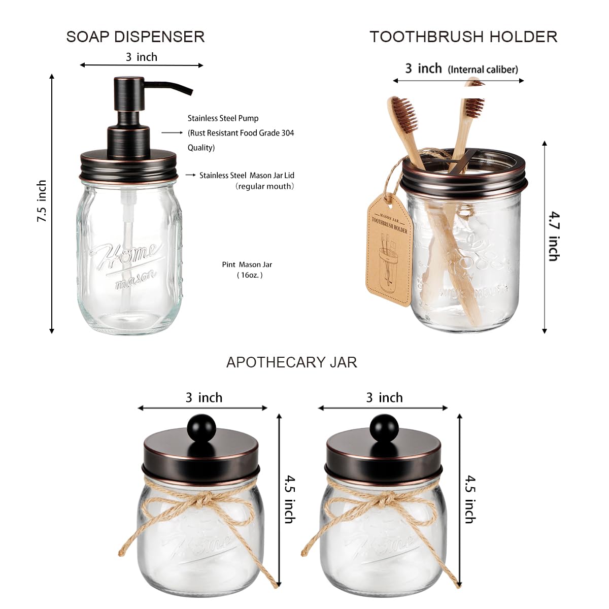 Amolliar Mason Jar Bathroom Accessories Set 4 Pcs, Oil Rubbed Bronze