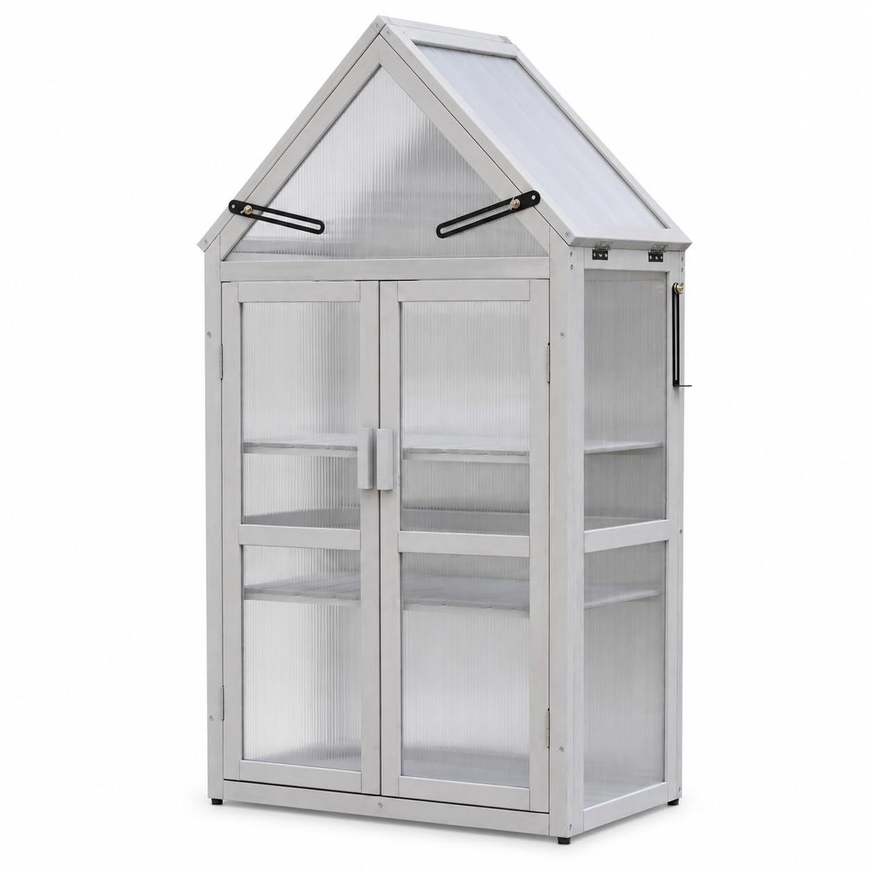 WizSeq Wooden Mini Greenhouse Outdoor, 52.3" Cedar Cold Frame Plant Stand with Adjustable Roof, Removable Shelves and Wall Brackets for Patio, Balcony, Garden, French Gray