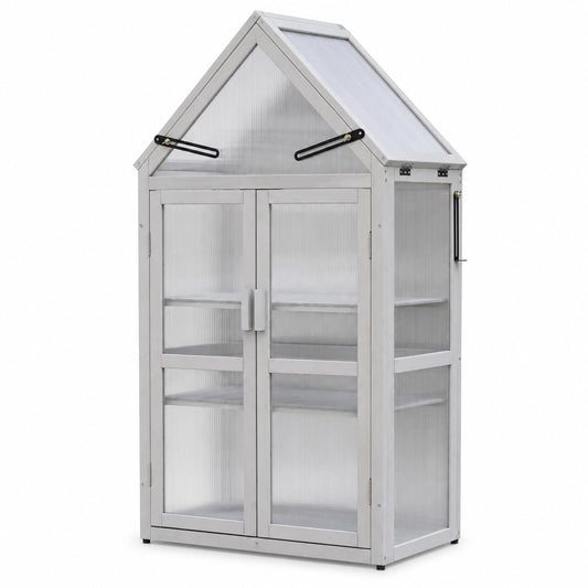 WizSeq Wooden Mini Greenhouse Outdoor, 52.3" Cedar Cold Frame Plant Stand with Adjustable Roof, Removable Shelves and Wall Brackets for Patio, Balcony, Garden, French Gray