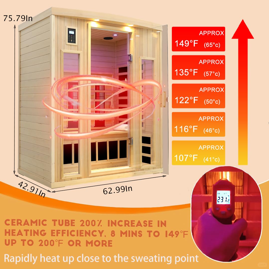 KUNSANA 3 Person Infrared Sauna, Ceramic Infrared Sauna 3 Person, Far Infrared Saunas for Home, Low EMF Infrared Indoor Sauna, Hemlock Wooded Sauna Room, Bluetooth Speakers, Chromotherapy Lights
