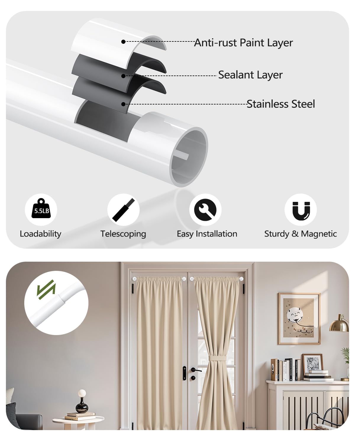 Rodzwin 2 Pack Magnetic Curtain Rods for Metal Door, Adjustable 18 to 30 Inch Curtain Rod, 3/8" Diameter Magnet Rods No Drilling for French Doors Window Cafe(White, 2Pack)