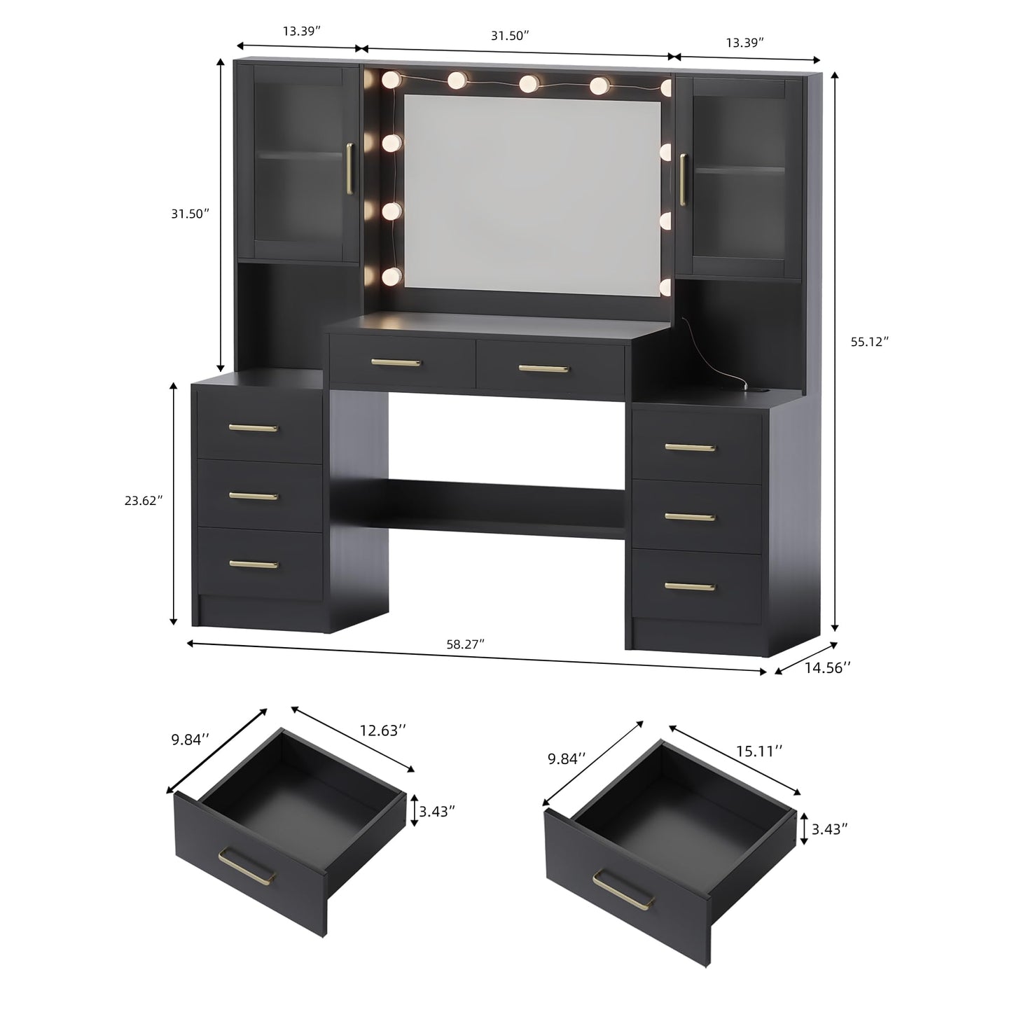 TOKSOM Black Vanity Desk with Mirror, Lights & Charging Station, 58.3" 3 Lighting Modes Makeup Desk with 8 Drawers, 2 Cabinets and Lots Storage, Dressing Table Vanity Set with Lighted Mirror