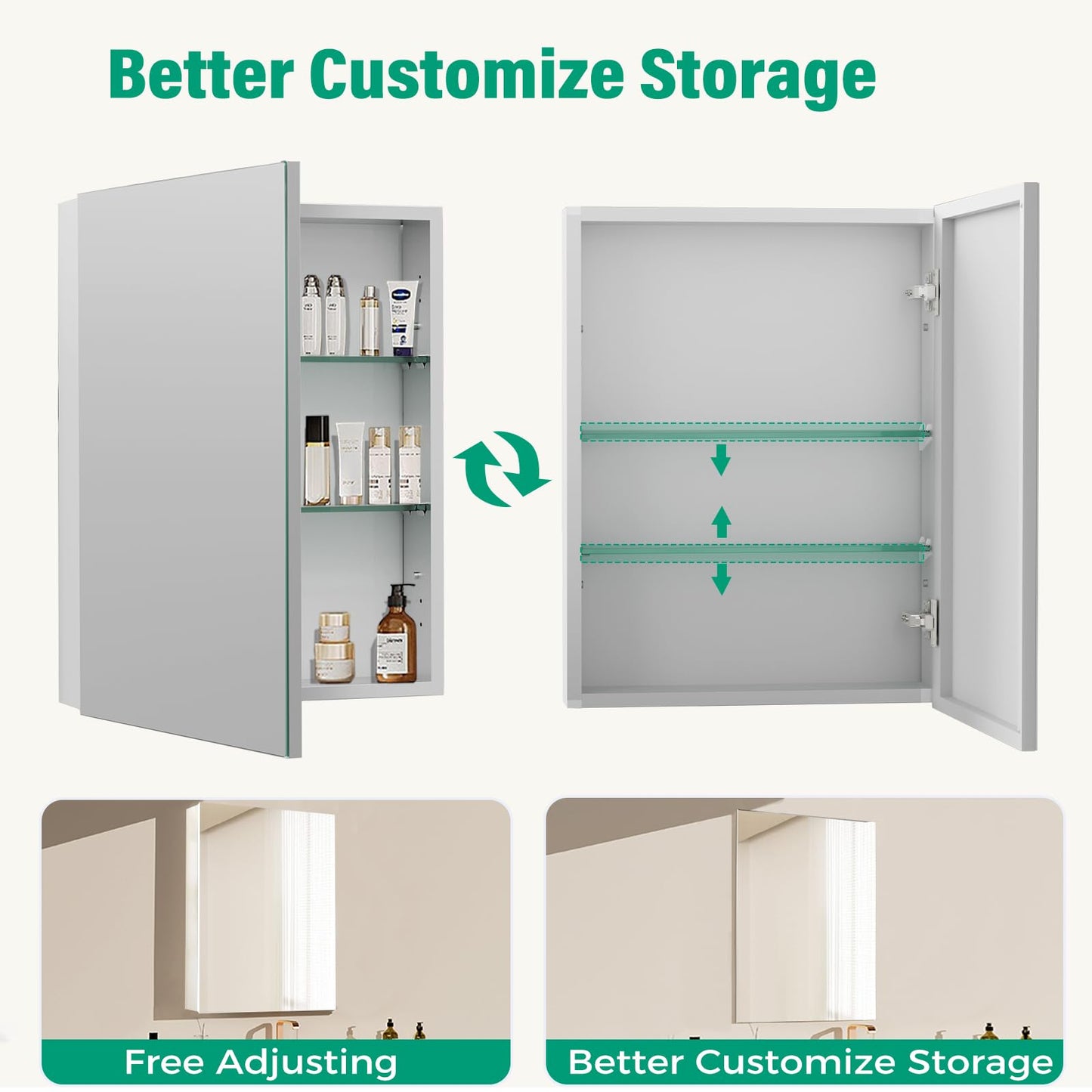 HABIUBIU 20 x 26 in Medicine Cabinet Mirror,Bathroom Mirror Cabinet with Adjustable Shelves,Aluminum Silver Medicine Cabinets for Bathroom,Recessed or Wall Mounted Medicine Cabinets（Assembly Required