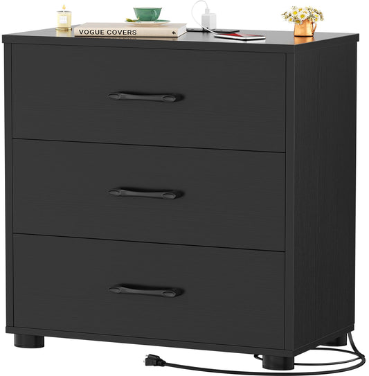 Aheaplus Night Stand with Charger Station, 21.7'' Nightstands with Wooden 3 Drawers, Large Bedside Table, Modern End Table, for Bedroom, Black