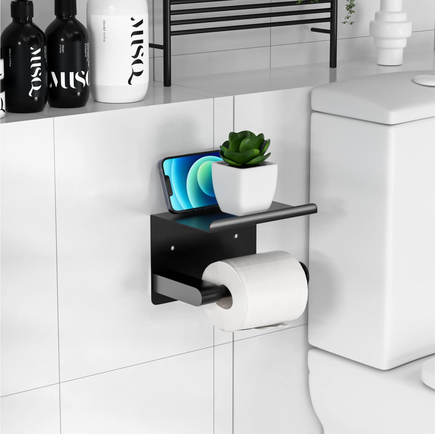 GLNLQ Matte Black Toilet Paper Holder with Shelf, Fits Mega Rolls, Rustproof Stainless Steel, Self Adhesive Wall Mount Toilet Paper Roll Holder, for Bathroom, Washroom, Kitchen, RV