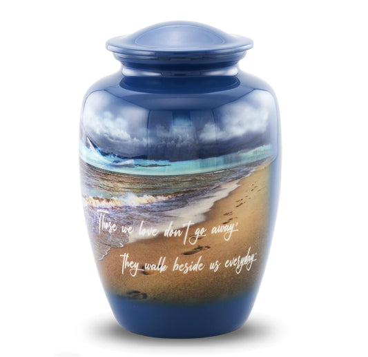 Footprints Cremation Urn - Ocean Blue Memorial Urn with Beach & Waves – Full-Size Handcrafted Metal Funeral Urns for Men & Women’s Ashes (Up to 210 lbs) – A Beautiful Tribute for Ocean Lovers