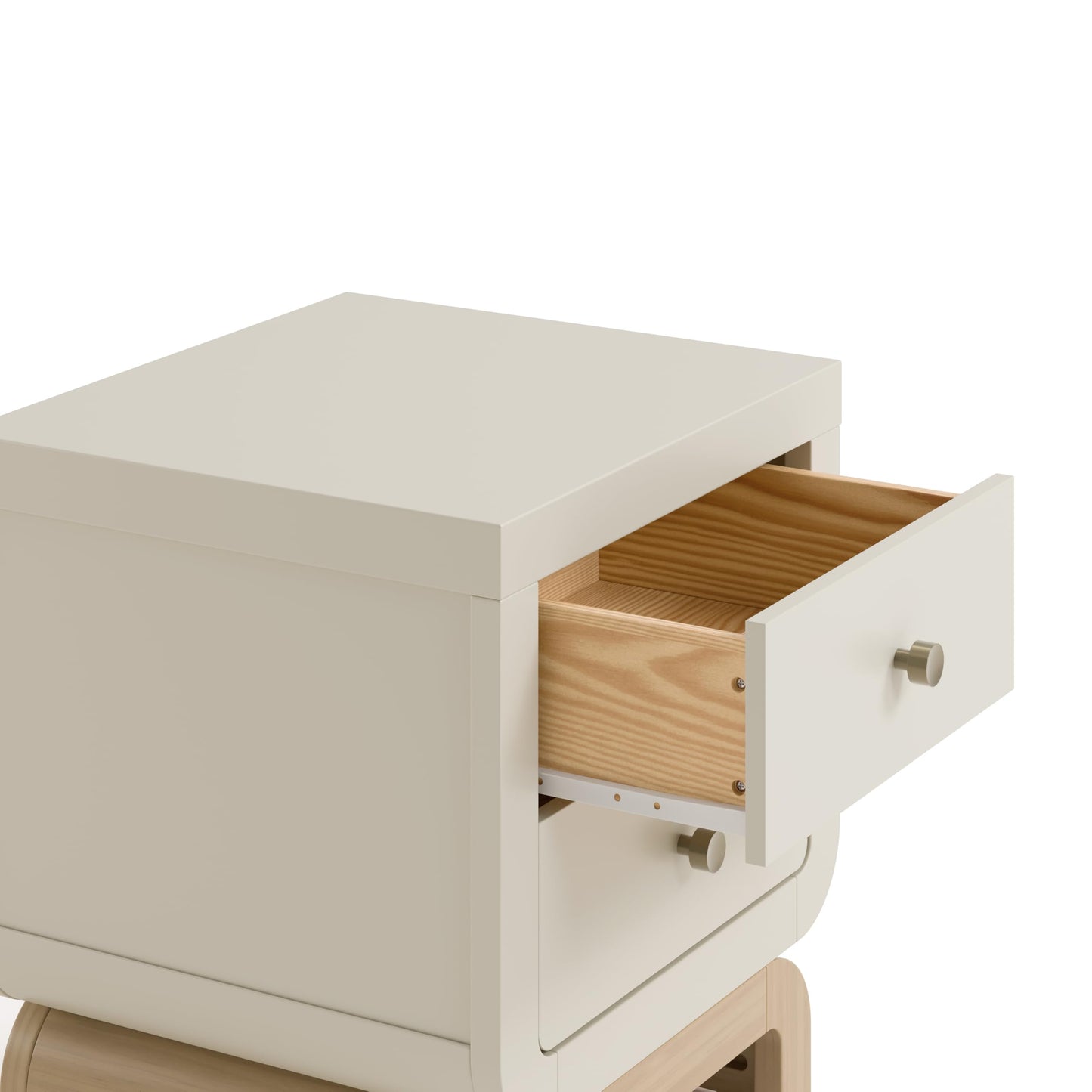 Storkcraft Santorini 2 Drawer Nightstand (Frosted Oat & Driftwood) - GREENGUARD Gold Certified Nightstand for Kids Bedroom, Premium Wood with Curved Base, “Champagne” Metal Knobs