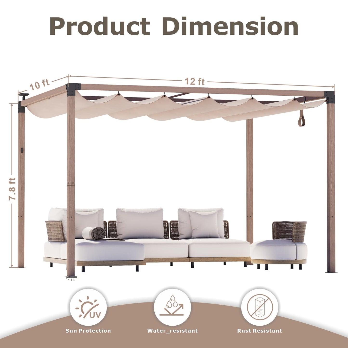 10'x12' Outdoor Pergola with Solar LED Lights,Waterproof & UPF 50+ UV-Resistant Retractable Sun Shade Canopy, Wood-Grain Aluminum Frame for Backyard, Garden, Deck, Poolside