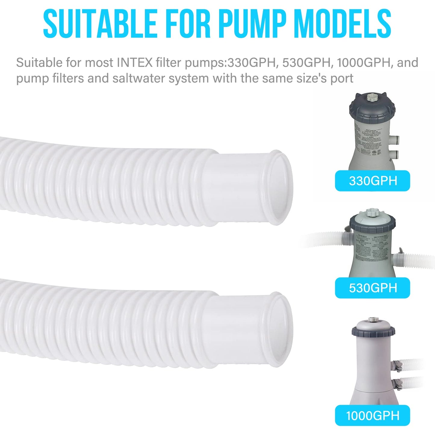 Pool Pump Hose for Above Ground Pools, 2 Pack 1.25" Diameter Pool Filter Hose Accessory Pool Pump Replacement 59 Inch Long with 2 Clamps and 2 Pipe Holders