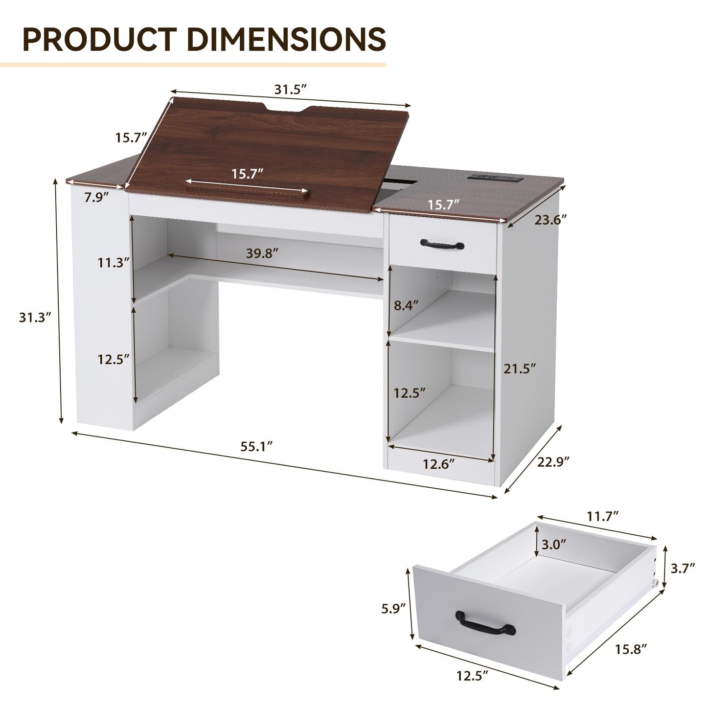 Verano Garden 55.1" Drafting Table, Craft Art Table, Computer Desk, White