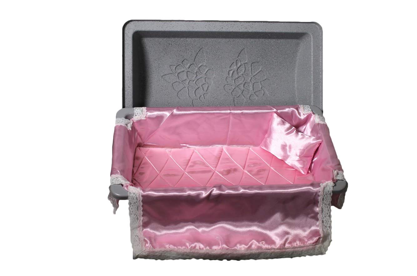 Loving touch elegant casket/vaults built with High Strength Non-biodegradable materials with a plush interior bedding available in Small, Medium, Large and 3 color options. (Med, Pink)
