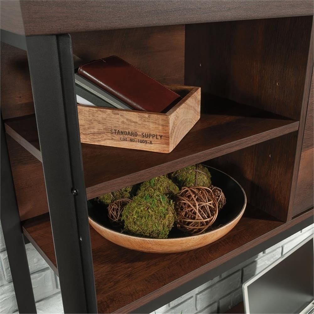 UrbanPro Engineered Wood and Metal Hutch, Barrel Oak Finish, 60 in Wide with Adjustable Shelves, Barrister-Style Door, Powder-Coated Frame, Durable Office or Home Storage