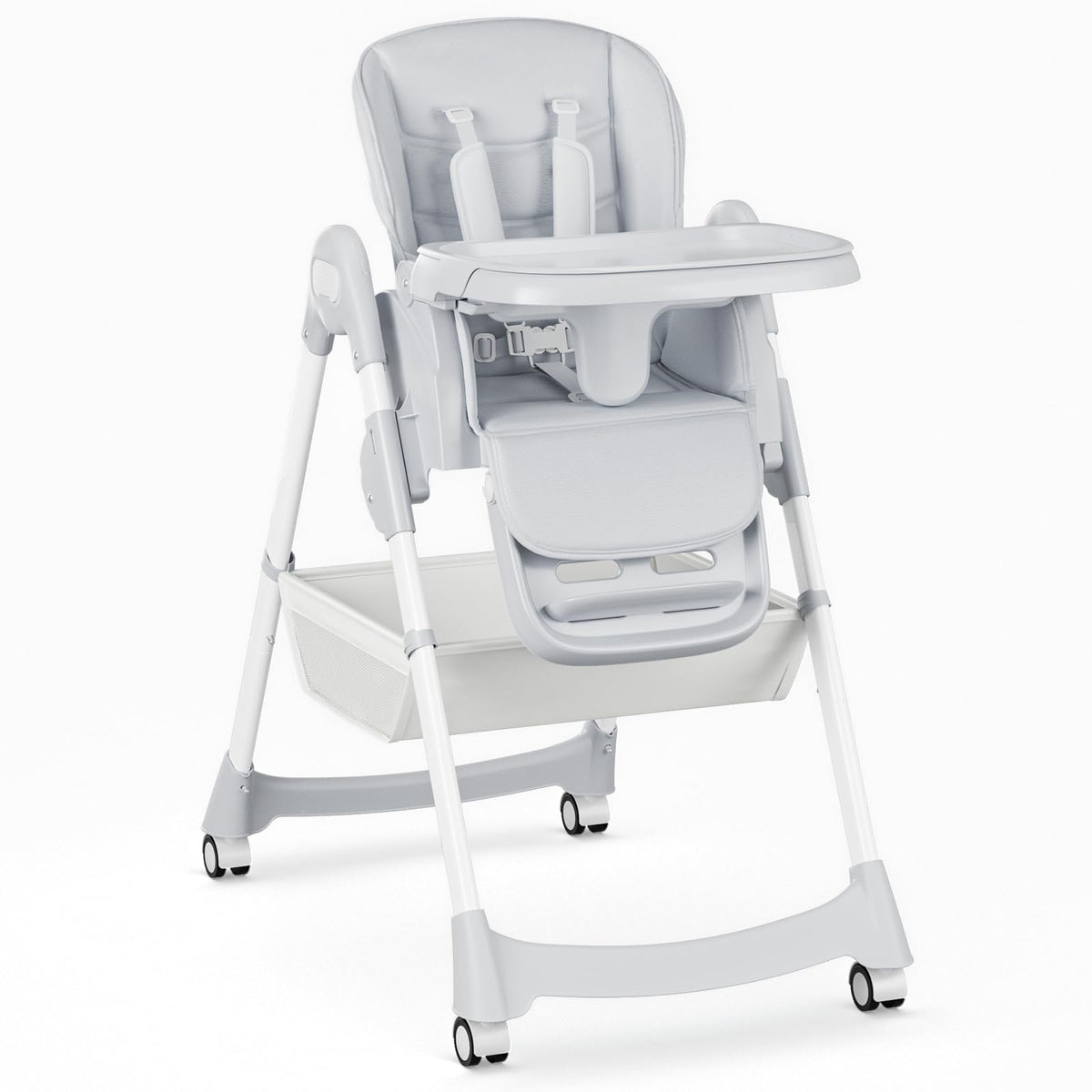 Meetaglow Baby High Chair, Foldable Convertible High Chair for Babies & Toddlers, Adjustable Height & Recline with Removable Double Tray, PU Cushion, Storage Basket, Easy to Clean, Gray